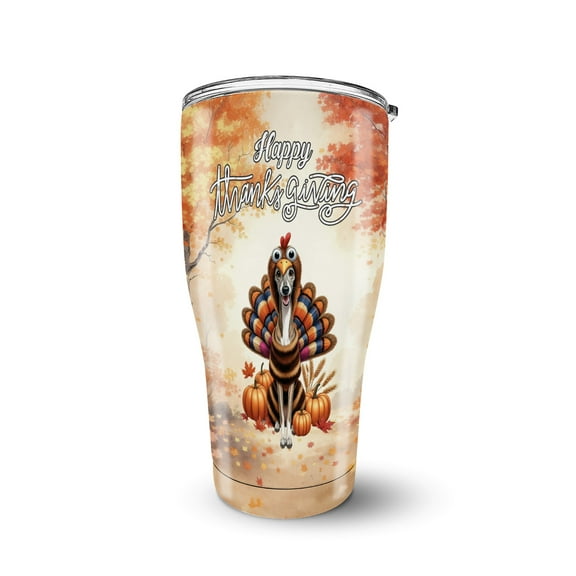 Happy Thanksgiving Whippet Turkey Costume Pumpkins Autumn Leaves 30oz Stainless Steel Tumbler Insulated Cup with Lid Dog Lover - 13014