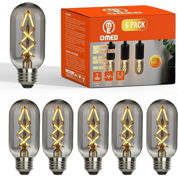 OMED Fishbone LED Filament Dimmable Vintage Edison Light Bulbs, T45/T14 E26 4W Antique Tubular Edison Bulbs 40 Watt Equal, 200LM 2700K SOFE White Spiral Retro Tube Bulbs, Smoke Grey Glass, 6 Pack