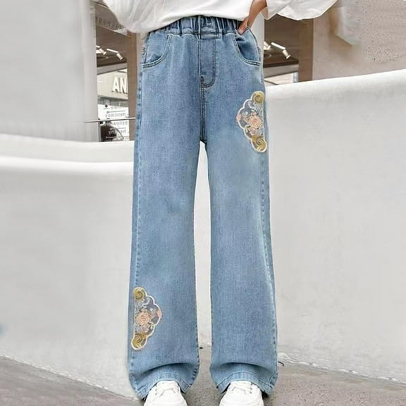 MKOSPLRT High Waist Jeans for Girl 5-13 Years Baggy Wide Leg Jeans Casual Straight Leg Denim Pants Fashion Floral Lace Jeans with Pocket