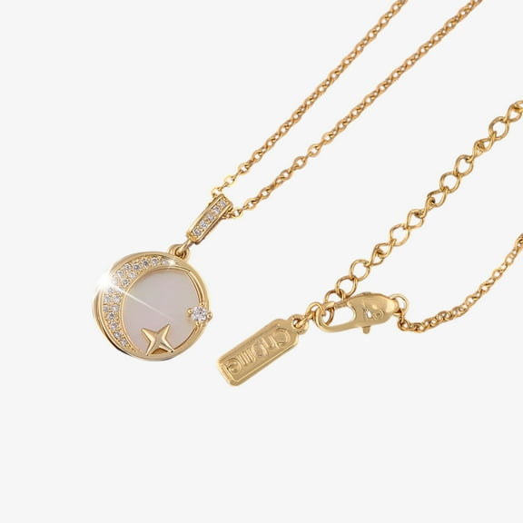 Women's Crescent Moon and Star Pendant Necklace with Mother of Pearl Inlay and Rhinestone Accents - One Size Fits Most, Gold