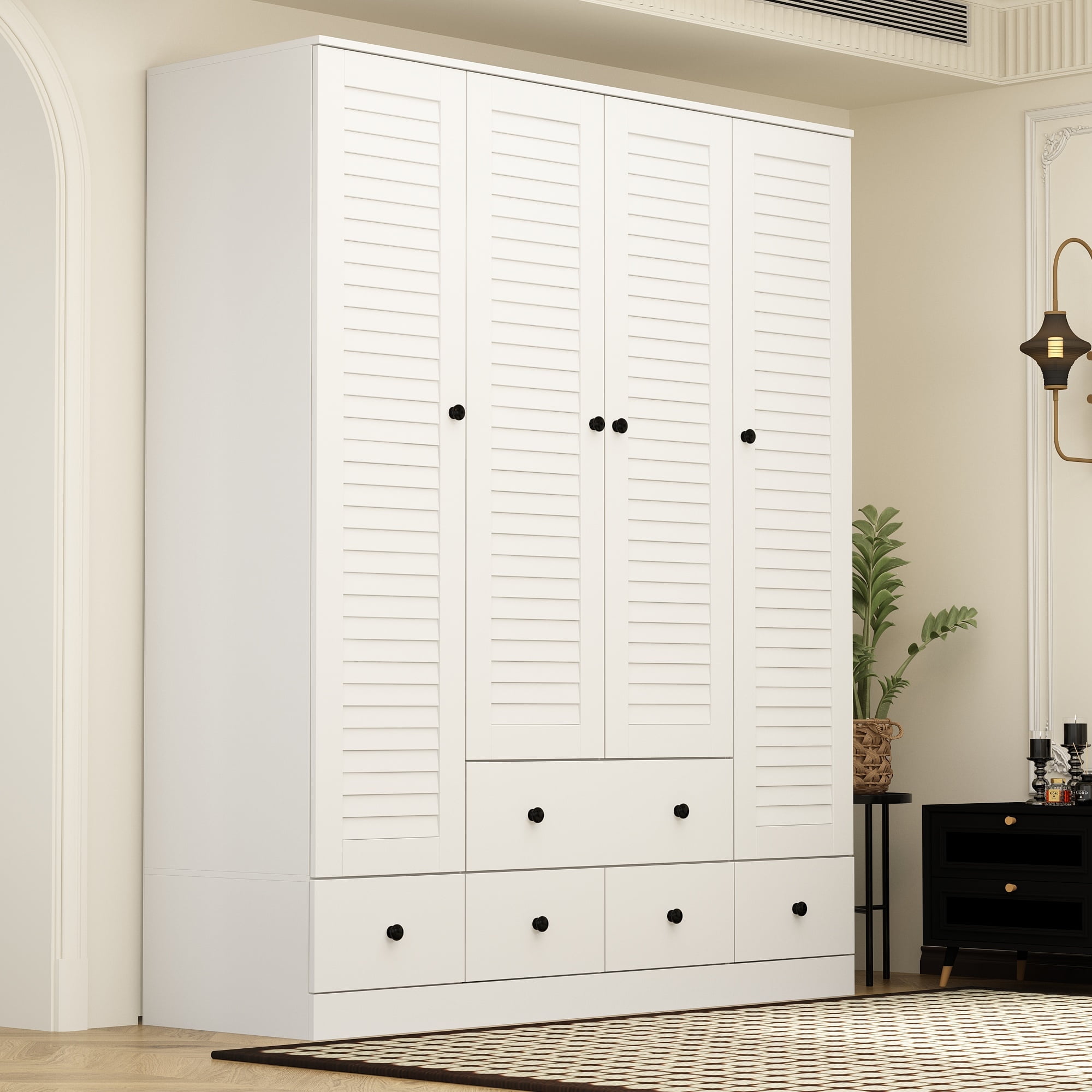 MONSLIPA 4-Door Wardrobe Closet, Wooden Armoire with Hanging Rods