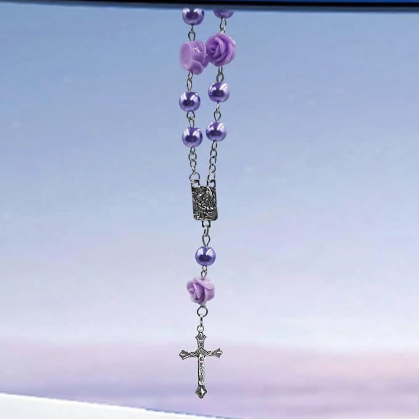 Rosary Cross Car View Mirror Charm Religious Blessing Car Hanging Ornament Present Personalized Auto Interior Pendant Decoration for Most Cars (Purple)