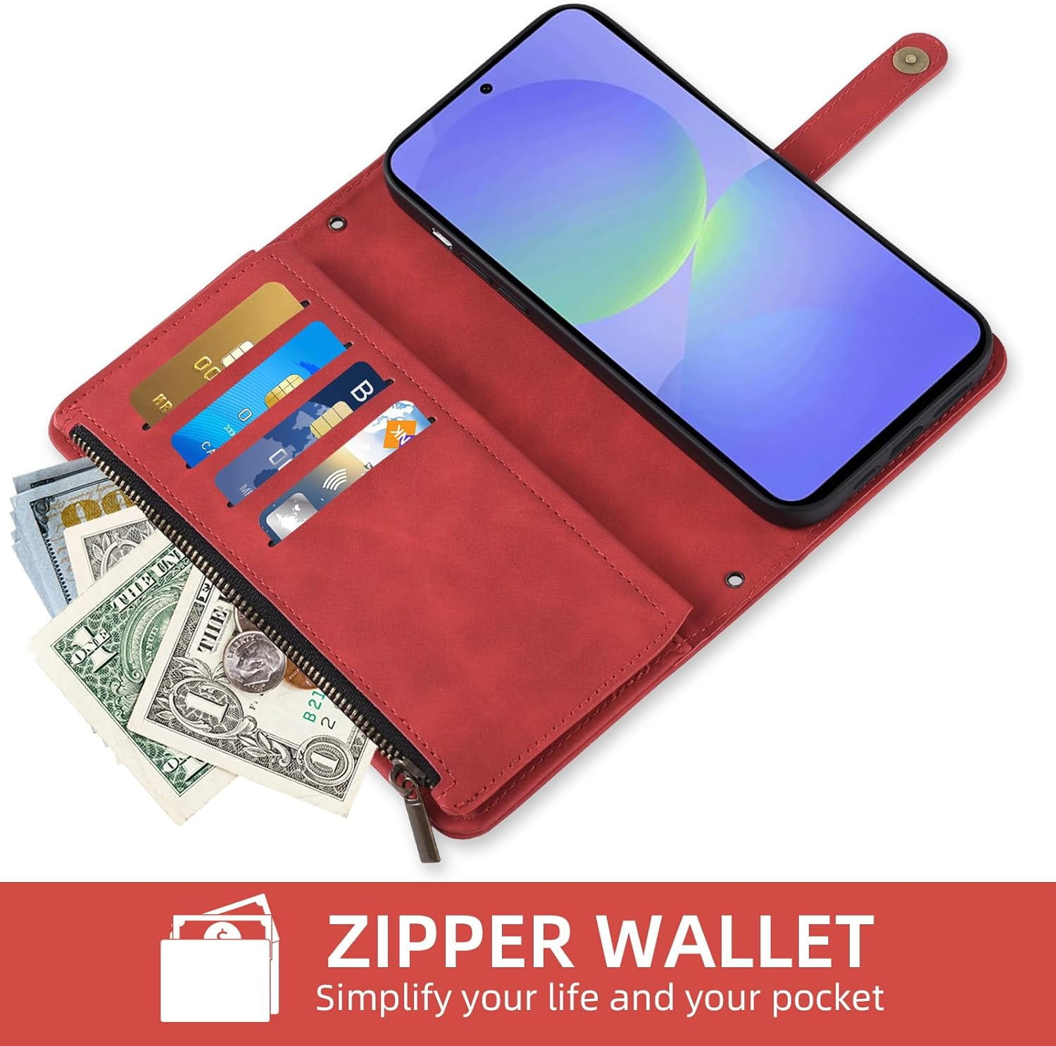 Asuwish Phone Case for Samsung Galaxy A36 5G Wallet Cover With Tempered Glass Screen Protector Crossbody Wrist Strap Flip Pattern Zipper Credit Card Holder Stand Cell A 36 36A LTE SM-A366U Women Red