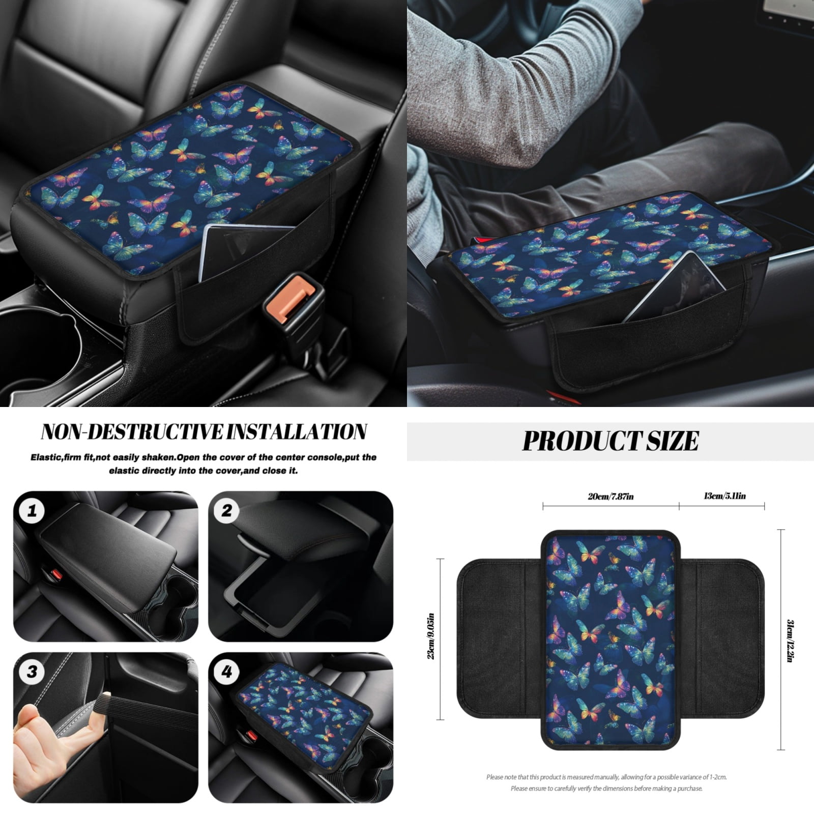 Renewold Butterfly Car Seat Cover Set 14 Pack with Steering Wheel Seat Belt Strap Gear Shift Knob Cover Set Garbage Bin Armrest Pad Rearview Mirror Coasters Universal Fit SUV Sedans, Dark Blue