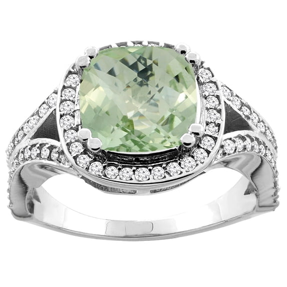10K Yellow Gold Natural Green Amethyst Split Ring Cushion 8x8mm Diamond Accent, size 5