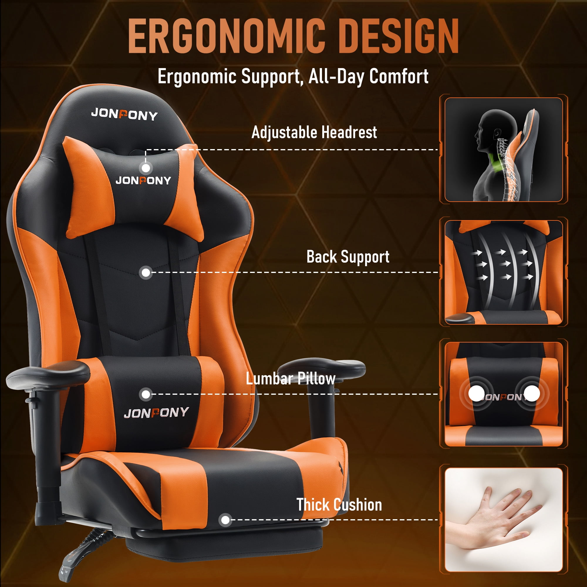 JONPONY Big and Tall 500LBS Gaming Chair with Footrest and Lumbar Support, High Back Ergonomic Recliner,Height Adjustable Leather Computer Desk Chair for Home Office, Orange