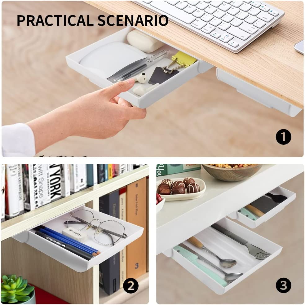 2 Pack Under Desk Drawer Organizer, Slide Out Pencil Holder, Desk Drawer Attachment, Plastic Desk Accessories & Workspace Organizers, Hidden Desktop Organizer Self-Adhesive