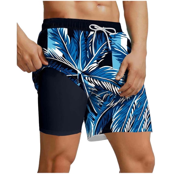 Betivan Men's Hawaiian Print Swim Trunks Quick-drying Mesh Lining Drawstring Waist Summer Spring Beach-ready Pocketed Water Sports Vacation Leisure Shorts