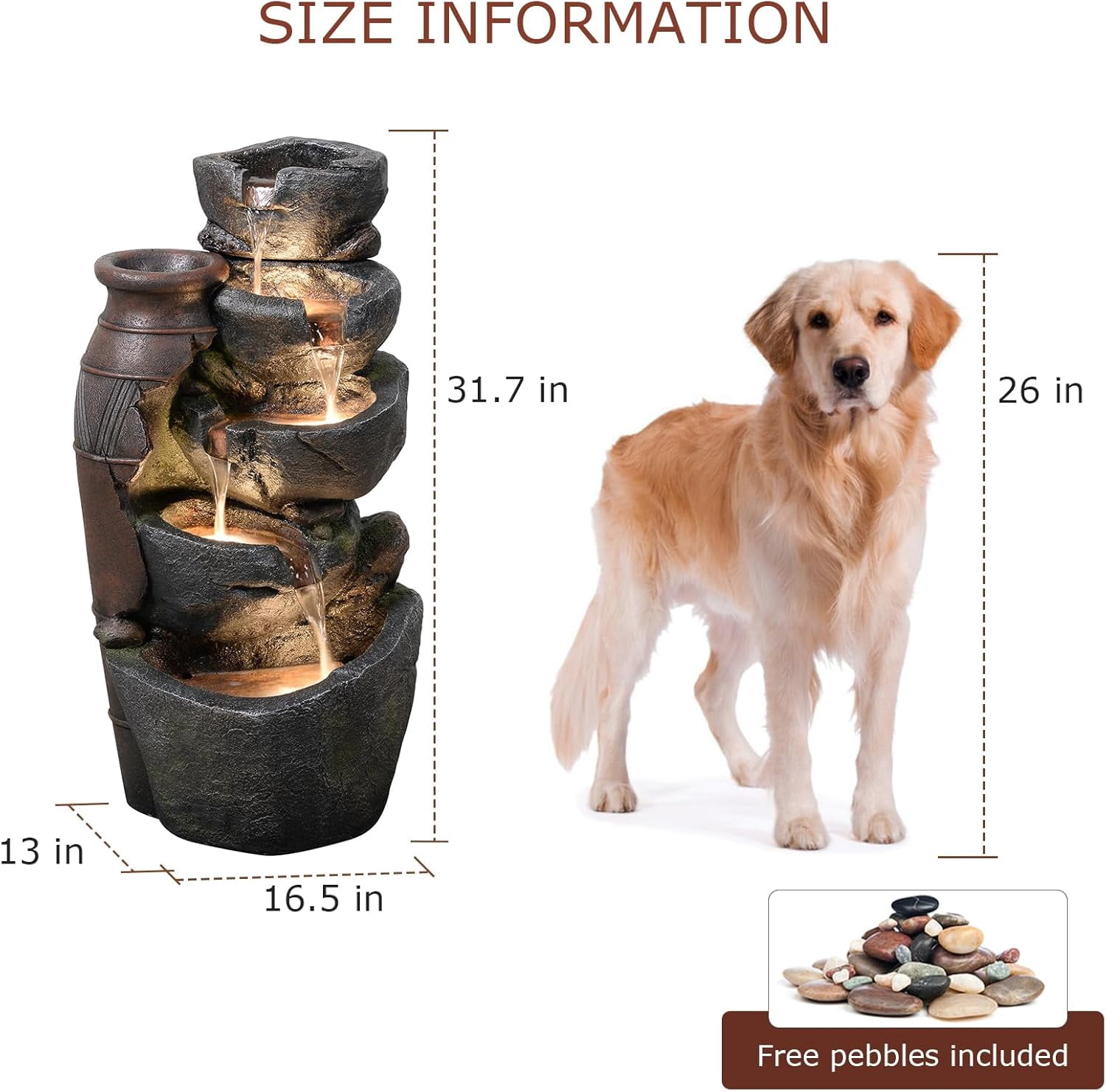 5 Tiered Rock Water Fountain Outdoor with Vintage Jar, Cascading Waterfall Fountain with LED Lights, Outdoor Fountains for Garden or Patio, Yard, and Deck Decor, 16.5" L x 12.6" W x 31.7" H