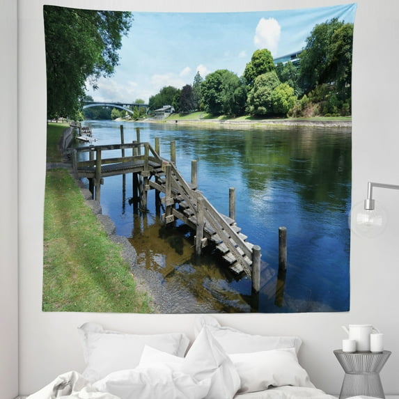 Outdoor Tapestry, Waikato River Hamilton City New Zealand Holiday Destination Travel Landmark, Fabric Wall Hanging Decor for Bedroom Living Room Dorm, 5 Sizes, Green Blue Grey, by Ambesonne