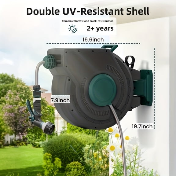 100ft Retractable Garden Hose Reel - Heavy-Duty 1/2" Automatic Self-Retracting Wall-Mounted with Any Length Lock, 10-Spray Nozzle, UV-Resistant & 180° Swivel Bracket