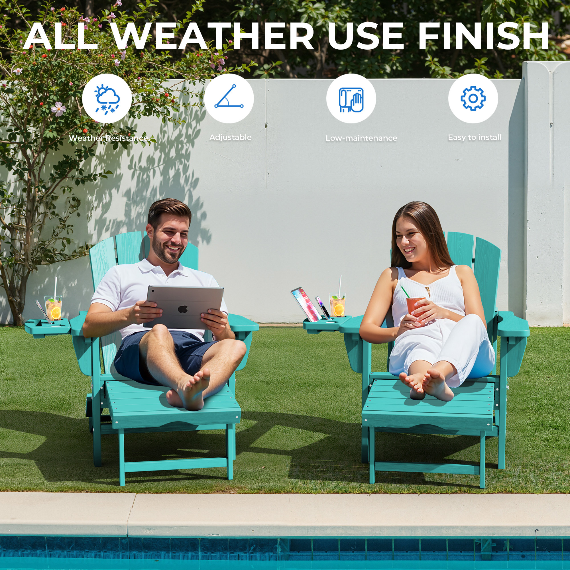 KINGYES Folding Adirondack Chair, Adjustable Backrest with Pull-Out Footrest & 4-in-1 Mobile Phone, Tablet, Cup Holder Tray, HDPE Plastic Adirondack Chair for Patio Garden Outdoors Fire Pit