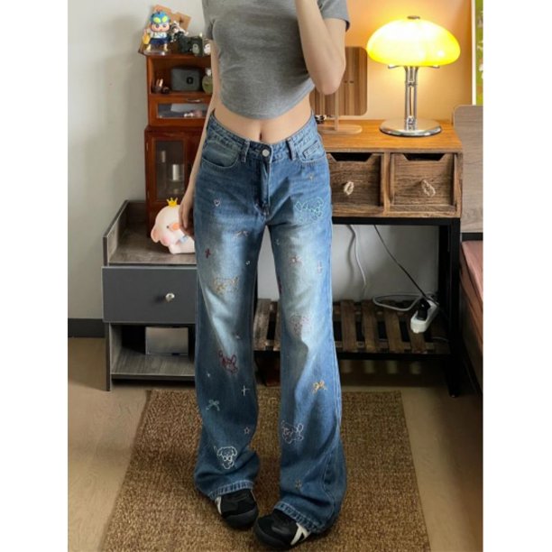 Pantalones vaqueros rectos con bordado de perro Vintage americano para mujer, pantalones de pierna ancha holgados de cintura alta, pantalones vaqueros Kawaii de estilo Preppy Y2k