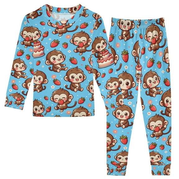joogoo Cute Monkey and Strawberry 2 Piece Long Sleeve Tee and Pants Cotton Pajama Set 5Y