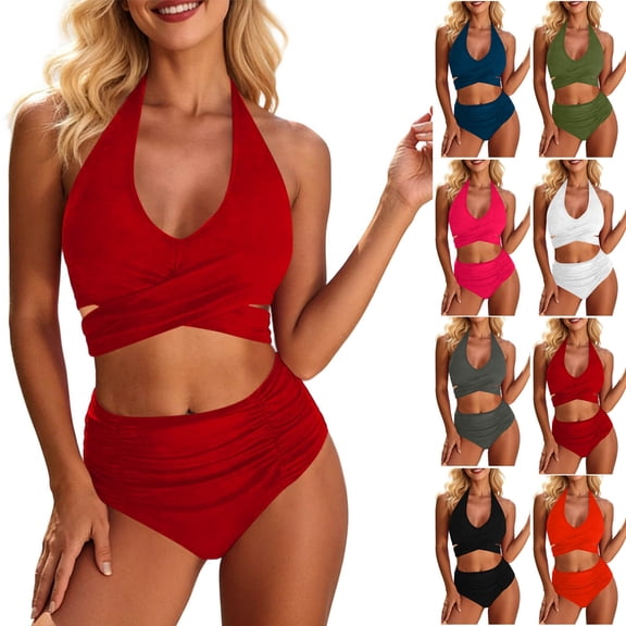 Mifsaly 2 Piece Bikinis Sets for Women Wrap Halter Top & High Waisted Ruched Bottoms Tummy Control Modest Swimsuit Beach Pool Flattering Athletic Bathing Suits S