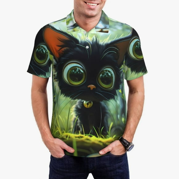Saiise Cute Big-Eyed Black Cat Print Mens Golf Shirt Moisture Wicking Quick-Dry Print Performance Polo Shirts for Men-Large