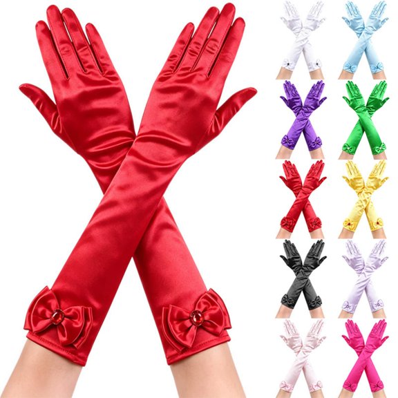 Gloves Hkoxplj Girls Long Satin Full Finger Gloves Bow Decor Dress Costume Gloves for Party Cosplay Stage Performance Birthday Photo Shoot Formal Outfits One Size 30 cm Light Blue Gloves
