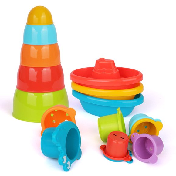 EIMELI Bath Toys Bundle Set - Little Boat Train Stacking Bowls and Croc Cups for Toddlers- Pack of 16 Stackable Plastic Kids Tugboats and Cute Cups for Bathtub & More Ages 12m+