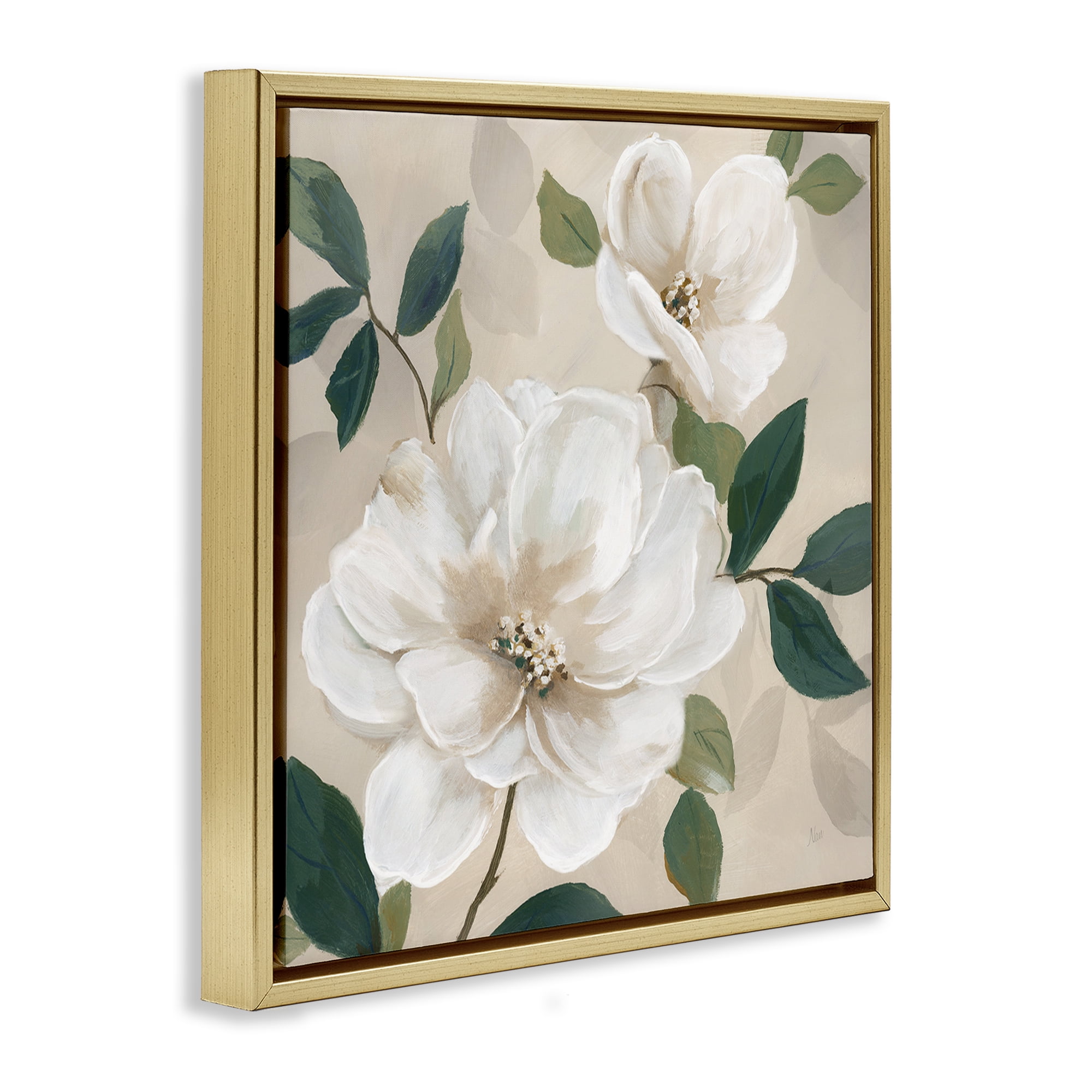 Stupell Industries Serene White Magnolia Study Gold Framed Floater Canvas Wall Art, design by Nan