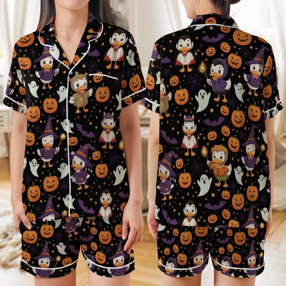 Lotusprinthandmade Halloween Duck and Pumpkin Graphic All-over Print Satin Short-Sleeve Pajamas Set (S), duck and pumpkin sleepwear set