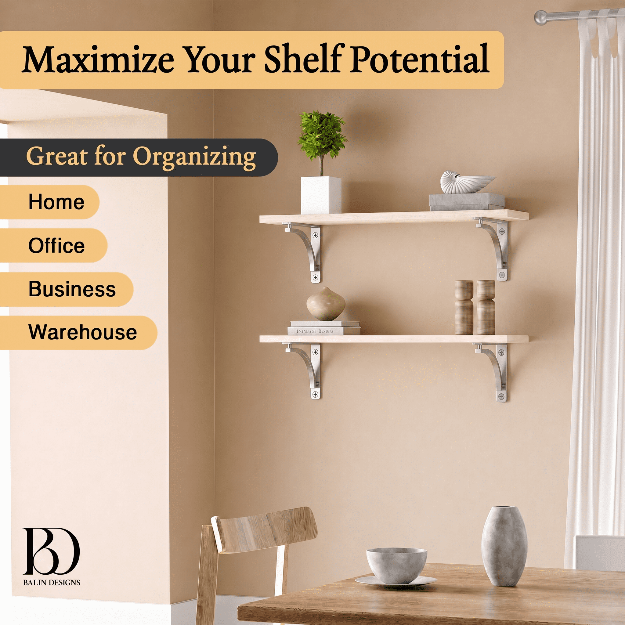 Classic Shelf Bracket Set by Balin Designs (Chrome) for 6 inch, 8, 10 inch Mantel Shelves L Brackets – Heavy Duty Decorative Metal Supports – Easy Installation with Hardware Included - Set of 4