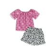 thumbnail image 2 of Aojekbee Little Girls Summer 2PCS Sets Short Sleeve Off Shoulder Tops Cow Print Shorts Sets, 2 of 10