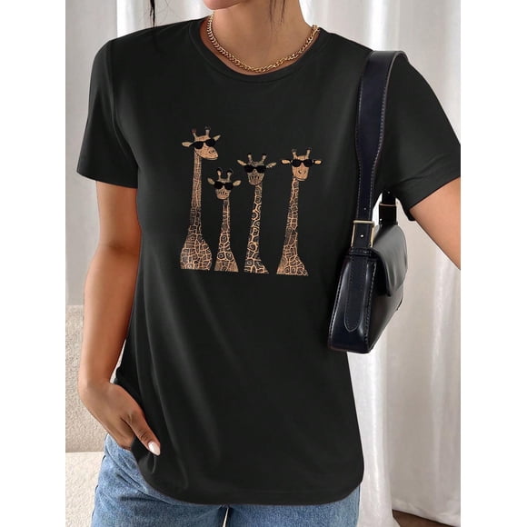 Camiseta de manga corta para mujer transpirable Moda de veranoGiraffe Print Short Sleeve T-Shirt With Eyelashes For Casual Outfits For New Year Clothes Graphic ChCamisetas de verano para mujer, mang