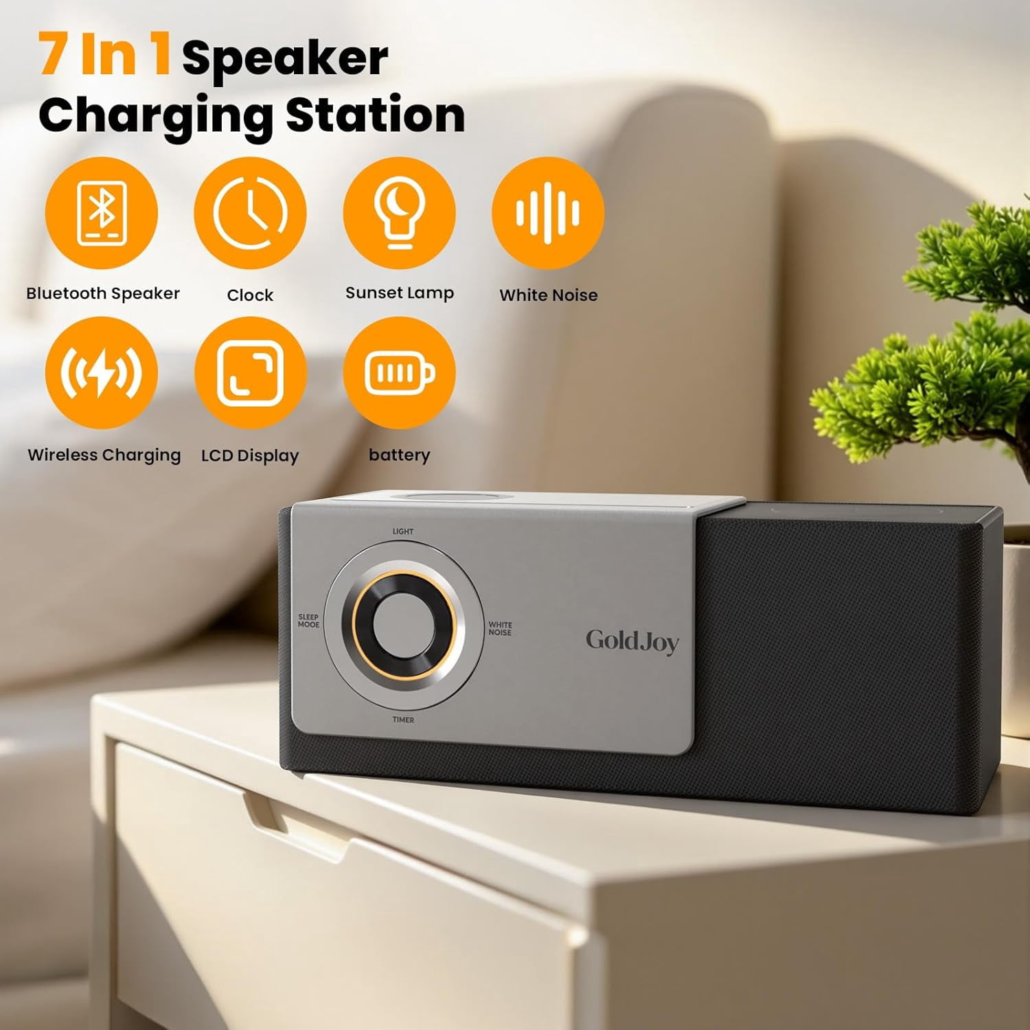 GoldJoy Flippable LCD Display Clocks, 7-in-1 Bluetooth Speaker, Wireless Charger, Sunset Lamp, White Noise, 4000mAh Battery