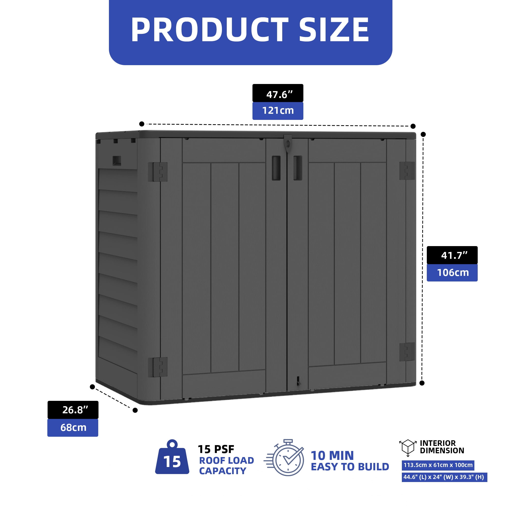 Uforic Resin Storage Cabinet Outdoor, 30 Cu Ft Outdoor Storage Shed for Backyard/Garden, Dark Gray & Black