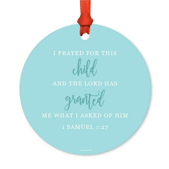 Adoption Round Metal Christmas Ornament, I prayed for this child 1 Samuel 1:27, Includes Ribbon and Gift Bag