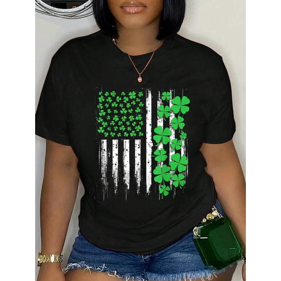 100% Cotton US American Flag St Patricks Day Shamrocks irish men T-Shirt Print Round Neck Cotton T-Shirt, Summer Women's Tops, gift