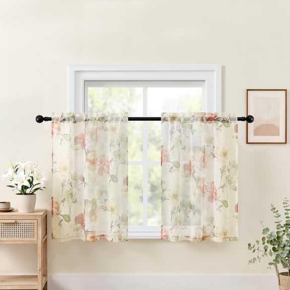 Muuphra Floral Print and Embroidered Sheer Kitchen Curtains for Small Window,2 Panels,30"×24"