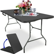 6FT Folding Table, Portable Plastic Design with Powder-Coated Steel Legs  Ideal for Picnics, Parties, Office and Camping  Convenient Carry Handle for Easy Transportation, Black