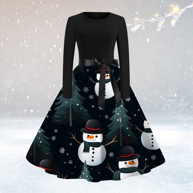 Robe Formelle Midi Femme Col Rond Manches Longues Patchwork Joyeux Noël Imprimé Grande Robe Manches Longues Robe Formelle en Solde