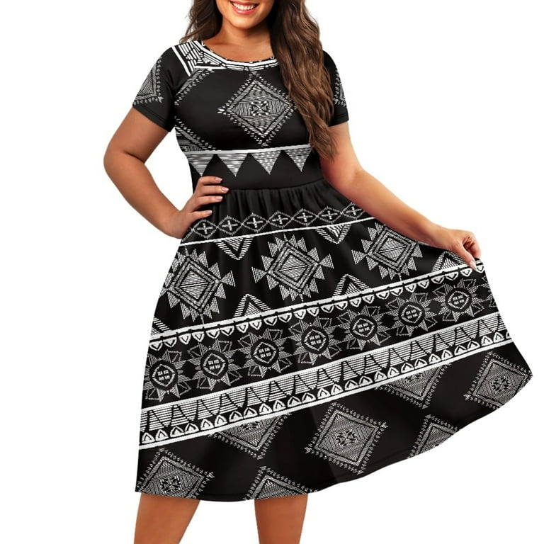 southwestern formal dresses Scrawlgod Aztec Southwest Dress for Women Casual Dresses with Sleeves Midi Length Breathable Geometric Summer Dresses for Women Vacation Crew Neck