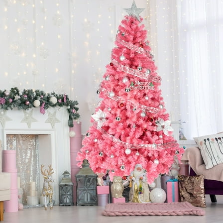 UBesGoo 6ft Pink Artificial Christmas Tree, Unlit Hinged Pine with 1600Tips & Metal Stand, Holiday Decor