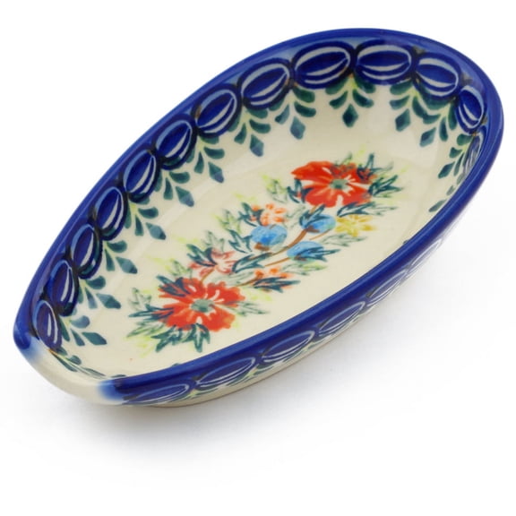 Polish Pottery 5¼-inch Spoon Rest (Red Cornflower And Blue Butterflies Theme) Signature UNIKAT Hand Painted in Poland Certificate of Authenticity