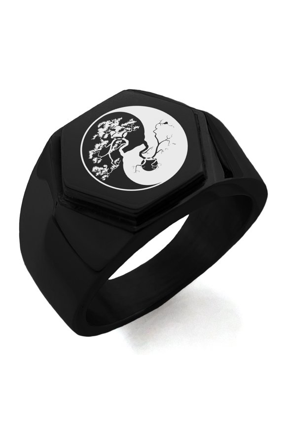 Stainless Steel Bonsai Tree Yin Yang Engraved Hexagon Crest Flat Top Biker Style Polished Ring