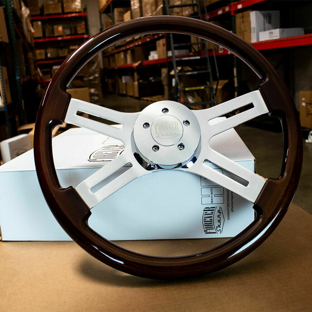 18" Dark Wood Steering Wheel Chrome Dual Spoke Kenworth Peterbilt Hub