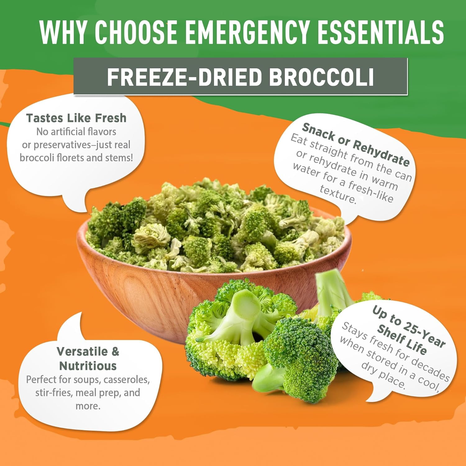 Emergency Essentials Freeze-Dried Broccoli #10 Can, Freeze-Dried Vegetables, Broccoli, Emergency Nutritious Bulk Food Cans, Long 30-Year Shelf Life