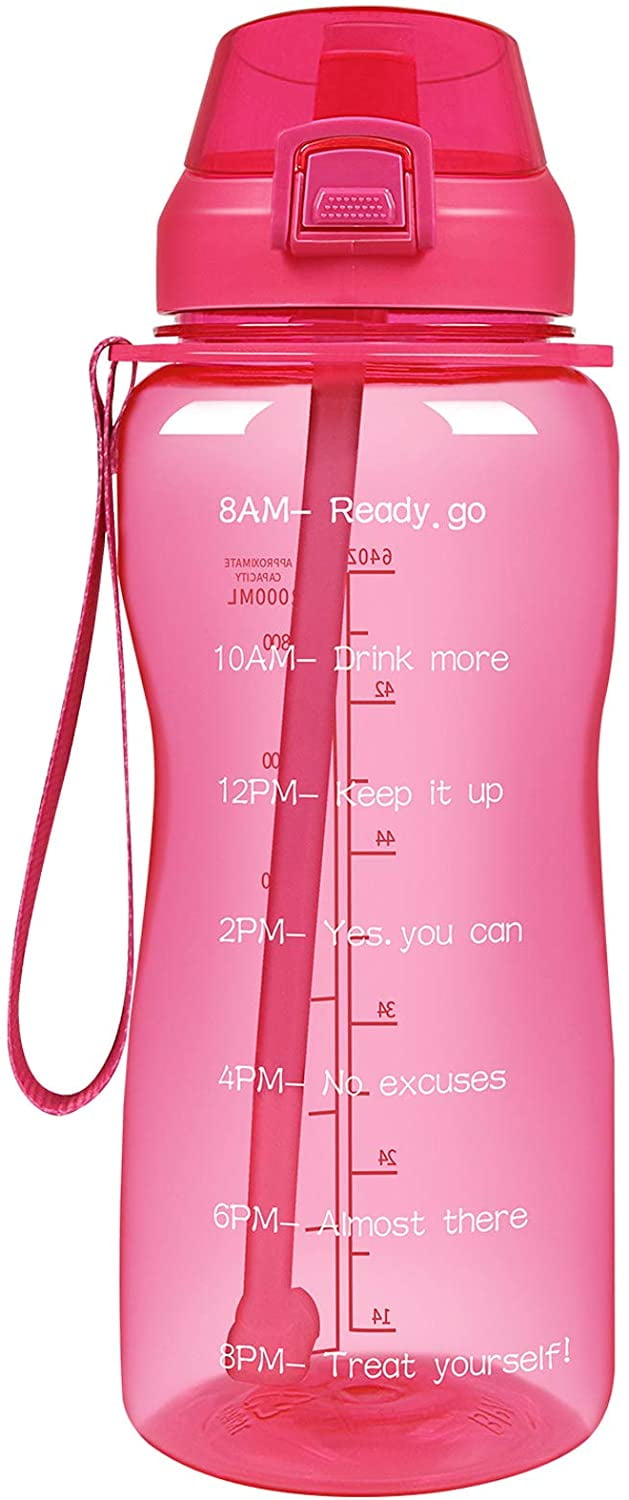 Half Gallon/64oz Water Bottle with Time Marker Motivational Water Bottle with Straw and Handle BPA Free Water Jug
