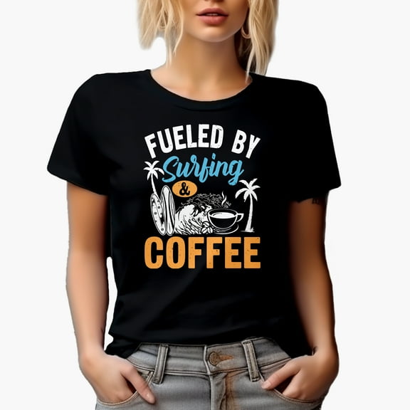 Fueled by Surfing & Coffee, Surfer, Black T-Shirt, Small