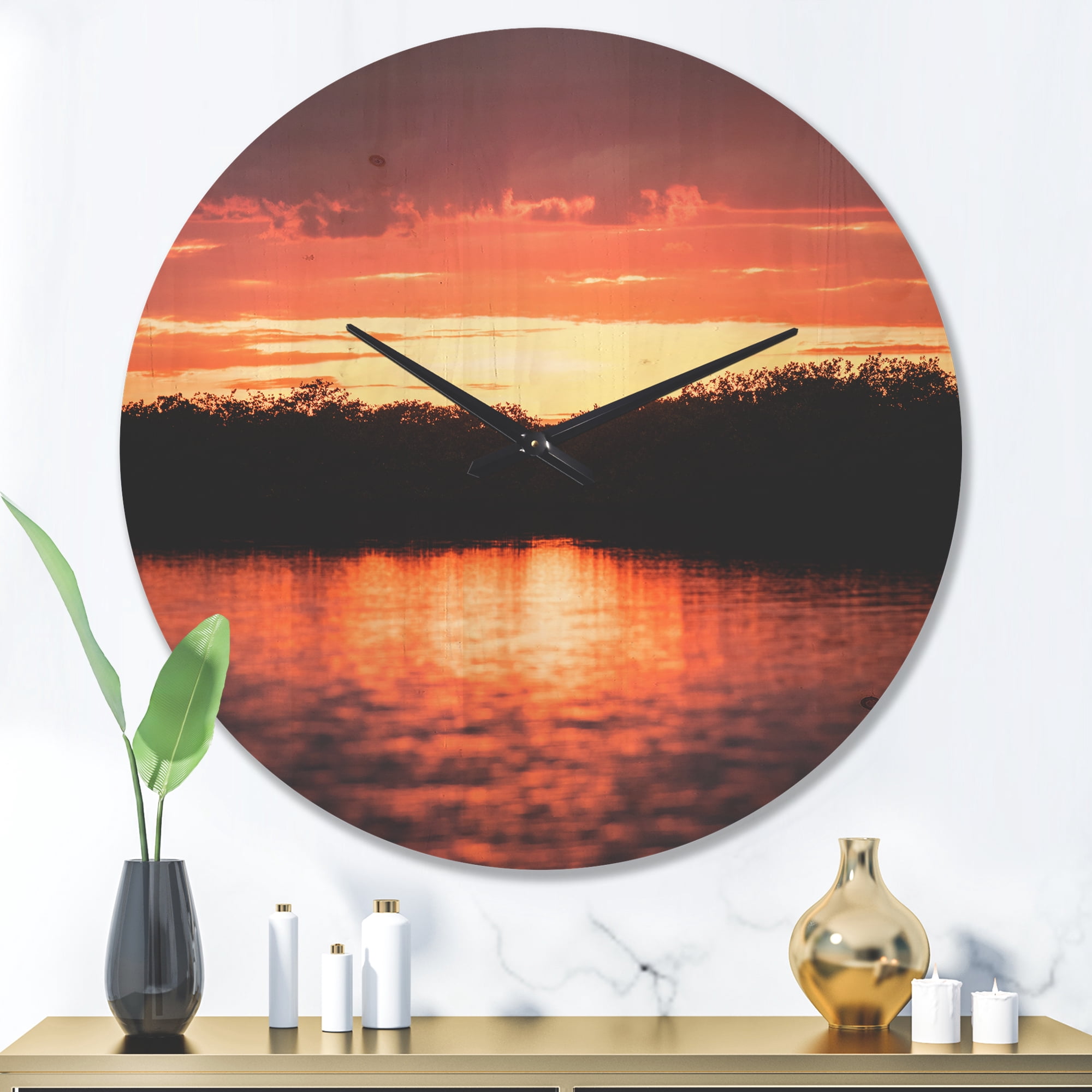 Designart 'Sunset Lights on Tropical Lagoon ' Farmhouse Wood Wall Clock