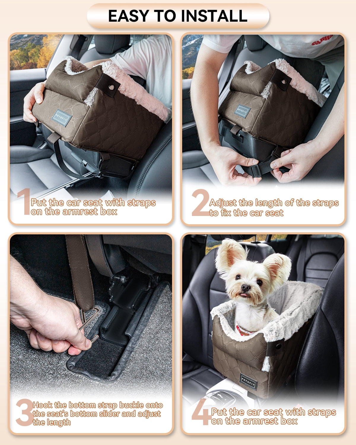 PETSFIT Center Console Dog Car Seat with Safe Protection Hooks, Pet Car Seat with Upgraded Safety Tethers, Washable Cushion, Console Dog Car Seats for Small Dogs (Coffee)