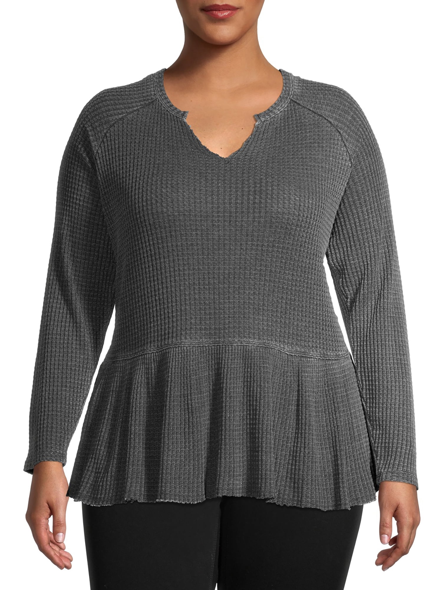 Time and Tru Women's Plus Size Peplum Waffle Knit Top with Long Sleeves