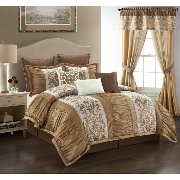 Lanco Luxury 9-Piece Comforter Set, Gold/White California King, Bed in a Bag, Pleat Puffed, Jacquard