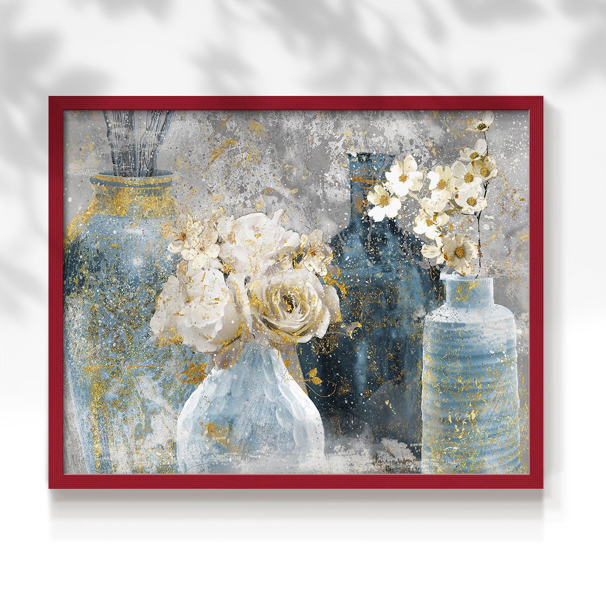Vessels and Blooms Blues by Nan - Restickable Framed Giclée Print