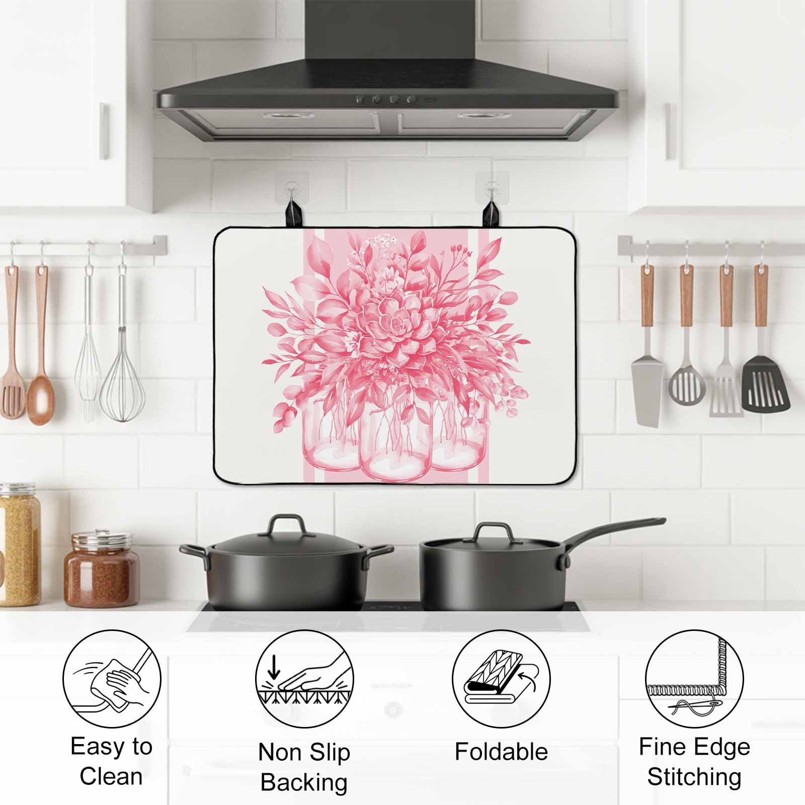 Eucalyptus Pink Stove Top Cover for Electric Stove, Heat-proof & Non Slip Glass Top Stove Cover Protector, Vintage Bottle Succulents Flower Stripes Kitchen Flat Cooktop Rubber Mat 24x21 Inches