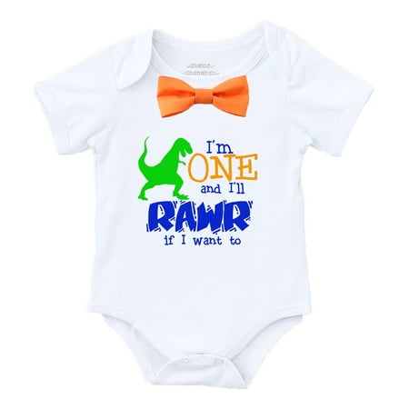 

Dinosaur First Birthday Shirt Outfit Boy One Rawr Orange Bow Tie 24 months