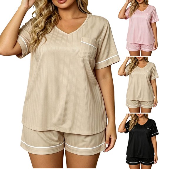 Pajamas for Women Set Dqueduo Women's V-Neck Pocket Plus Size Short Sleeve Solid Color Pajama Set – Ribbed Knit Loungewear